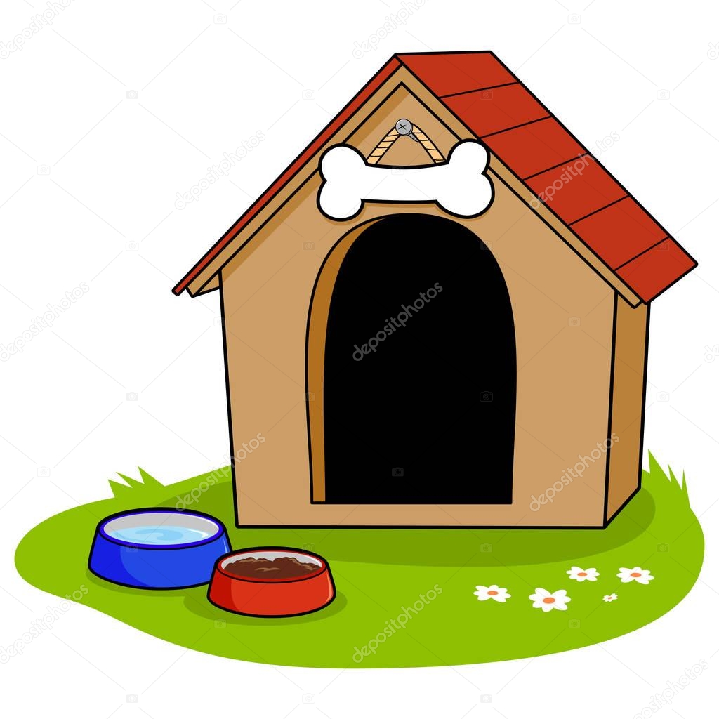 Doghouse and bowls of water and pet food. Vector illustration