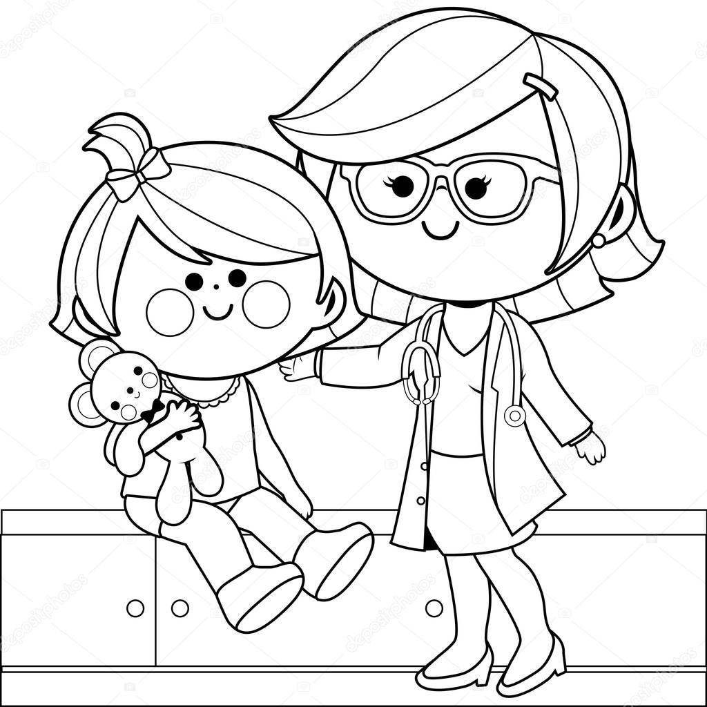 Female pediatrician examining a little girl. Coloring book page.