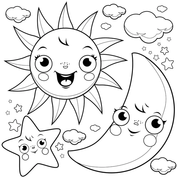 Lua do sol e estrelas página para colorir —  Vetores de Stock