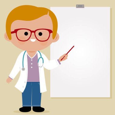 Erkek doktor bir beyaz tahta kullanarak sunu yapma