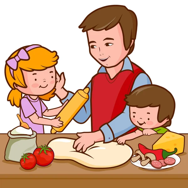 Père et enfants cuisinant la pizza dans la cuisine — Image vectorielle