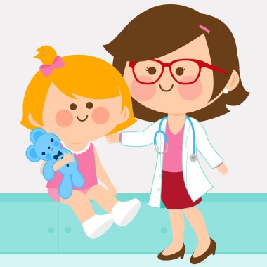 Küçük bir kız inceleyerek kadın çocuk doktoru 