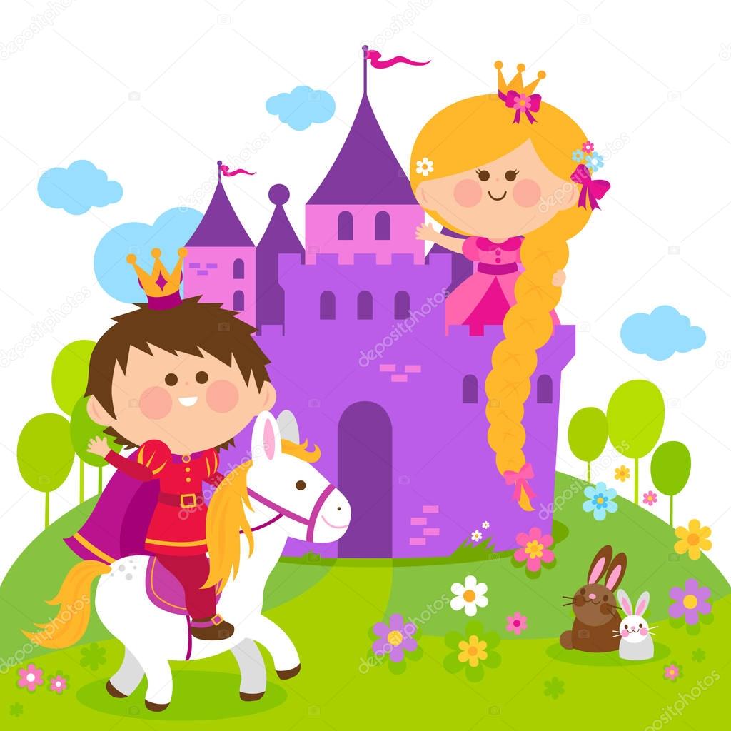 Rapunzel fairy tale princess at the castle and prince riding a horse. 