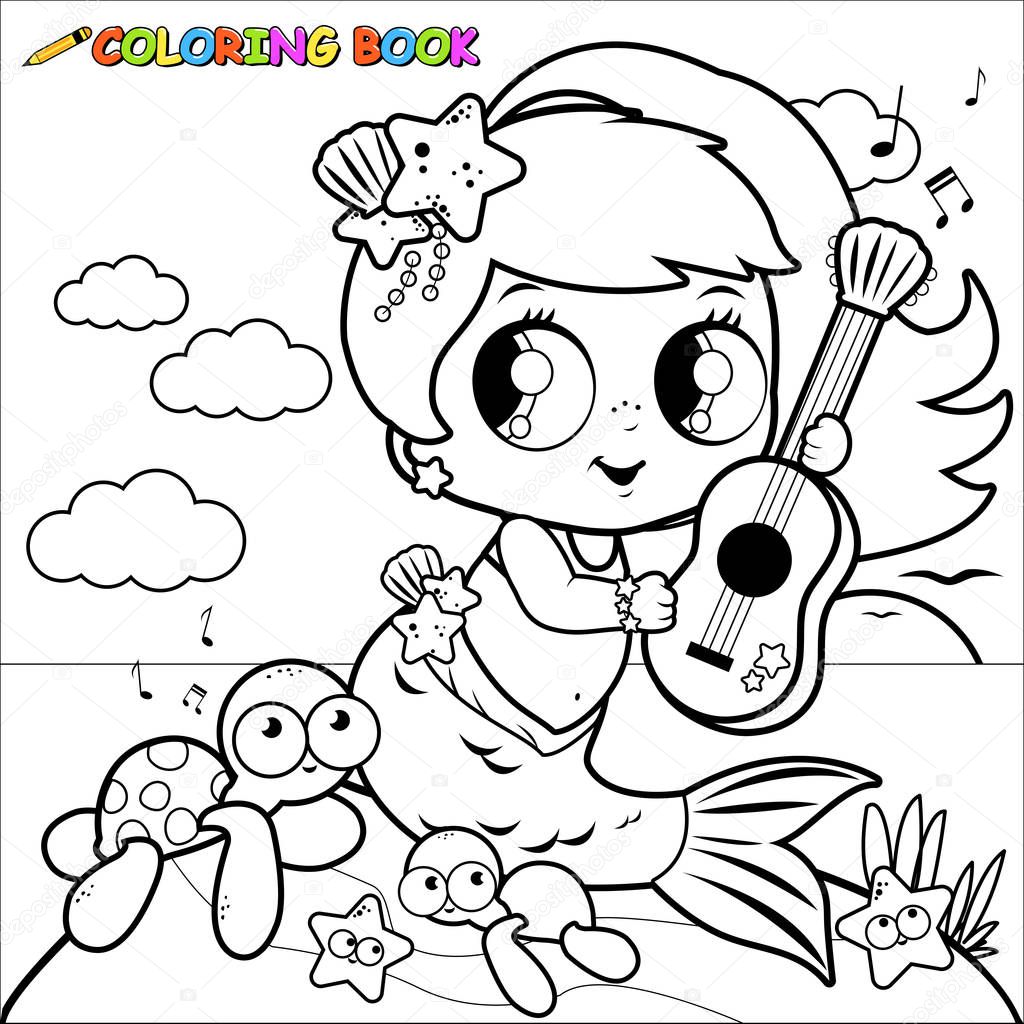 Mermaid by the sea playing music with her guitar. Coloring book page