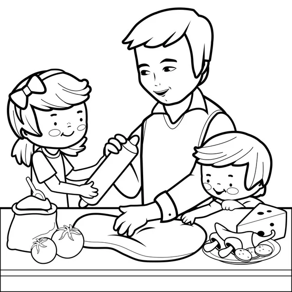 Vader en kinderen koken pizza in de keuken. Kleurplaat — Stockvector