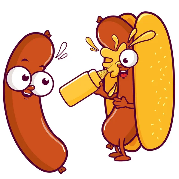 Карикатурная колбаса и хот-дог, брызгающиеся горчицей — стоковый вектор