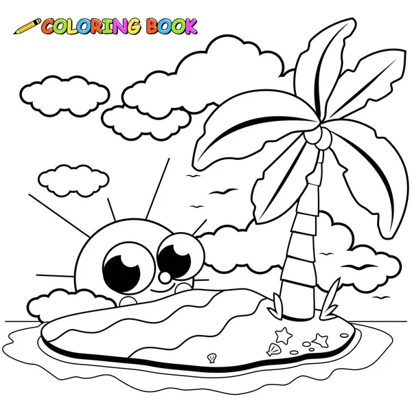 Onbewoond eiland en cute cartoon zon kleurplaten fotoboekpagina — Stockvector