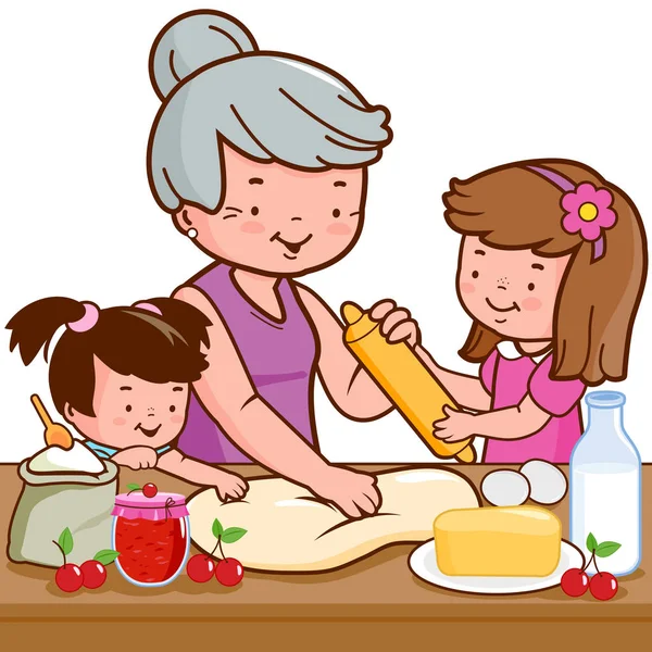 Oma en kinderen koken in de keuken — Stockvector