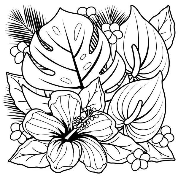 熱帯の植物やハイビスカスの花。黒と白の本ページを着色. — ストックベクタ