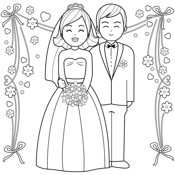 Noiva e noivo. Página de livro para colorir preto e branco . — Vetor de Stock