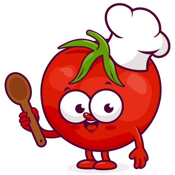 Chef de tomate de dibujos animados sosteniendo una cuchara de cocina — Archivo Imágenes Vectoriales