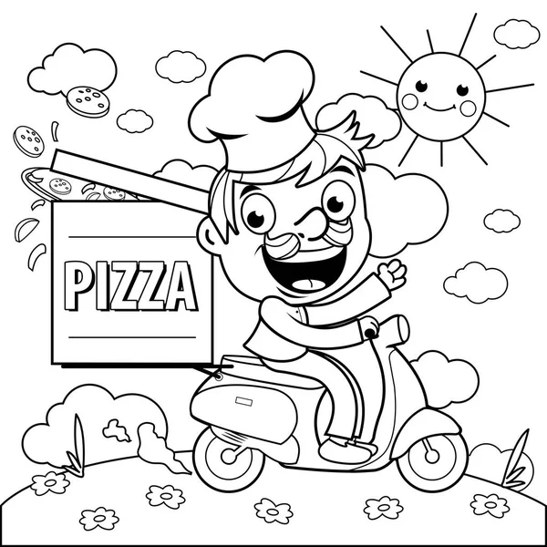 Pizza szakács szállítási robogó. Fekete-fehér illusztráció — Stock Vector