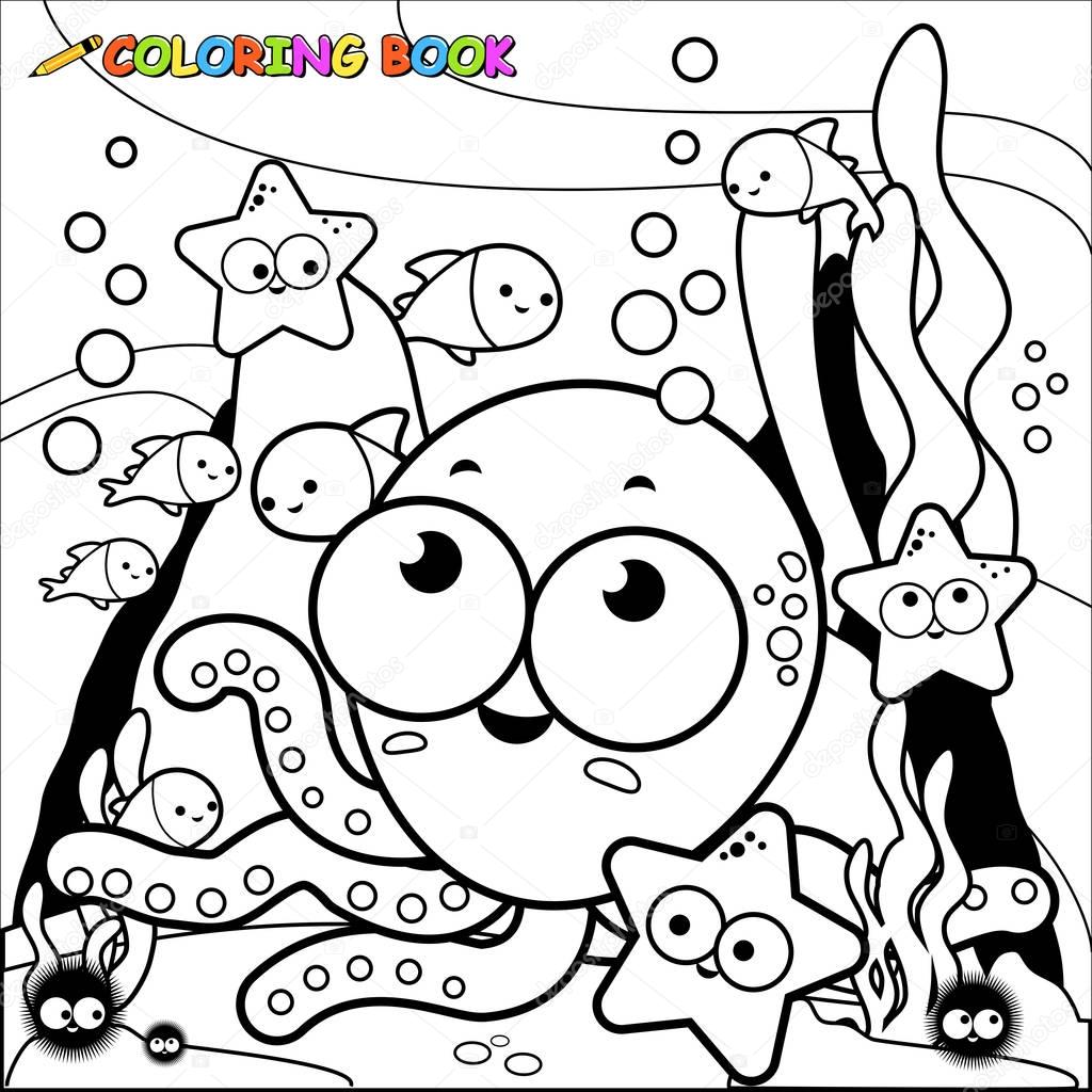 Little octopus underwater. Coloring book page.