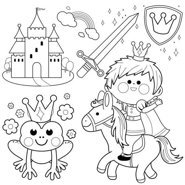 Prince riding a horse fairy tale set. Black and white coloring page illustration — Stock Vector