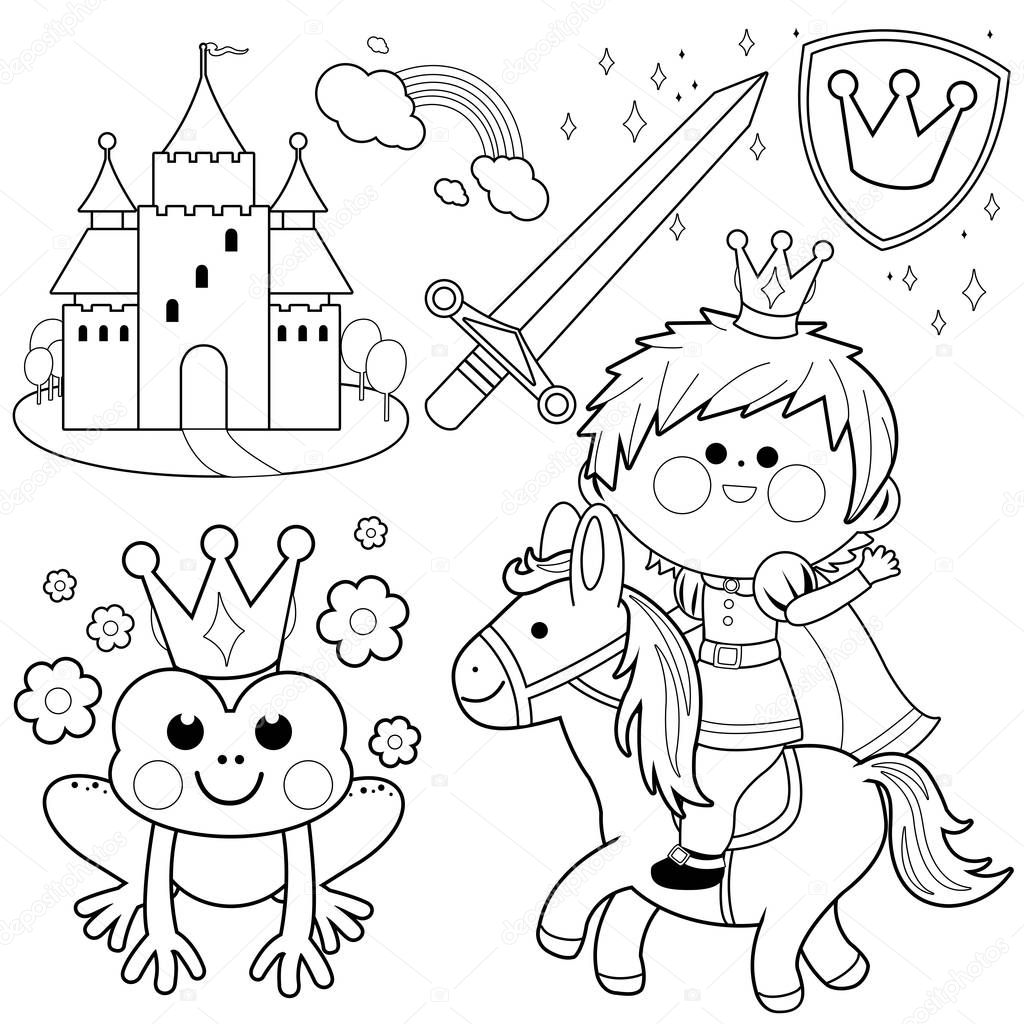 Prince riding a horse fairy tale set. Black and white coloring page illustration