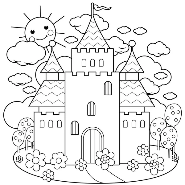 Castelo de conto de fadas e flores. Desenho vetorial de página para colorir preto e branco —  Vetores de Stock