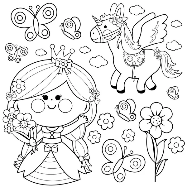 Conjunto de cuento de hadas princesa. Ilustración de vector de página para colorear en blanco y negro — Vector de stock