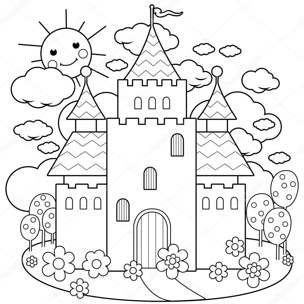 Fairy tale castle and flowers. Black and white coloring page vector illustration