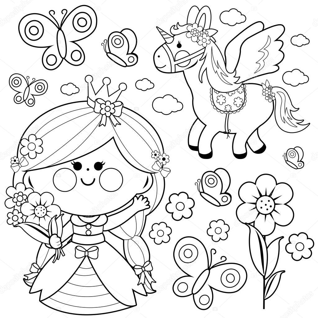 Princess fairy tale set. Black and white coloring page vector illustration