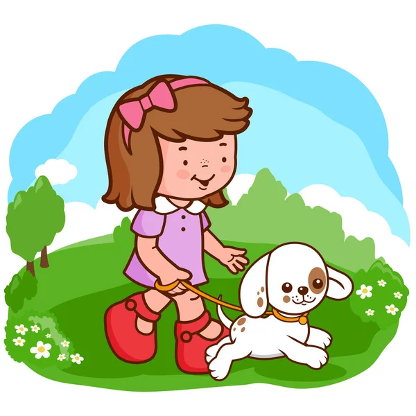 เด็กผู้หญิงและสุนัขเดินที่สวนสาธารณะ — ภาพเวกเตอร์สต็อก