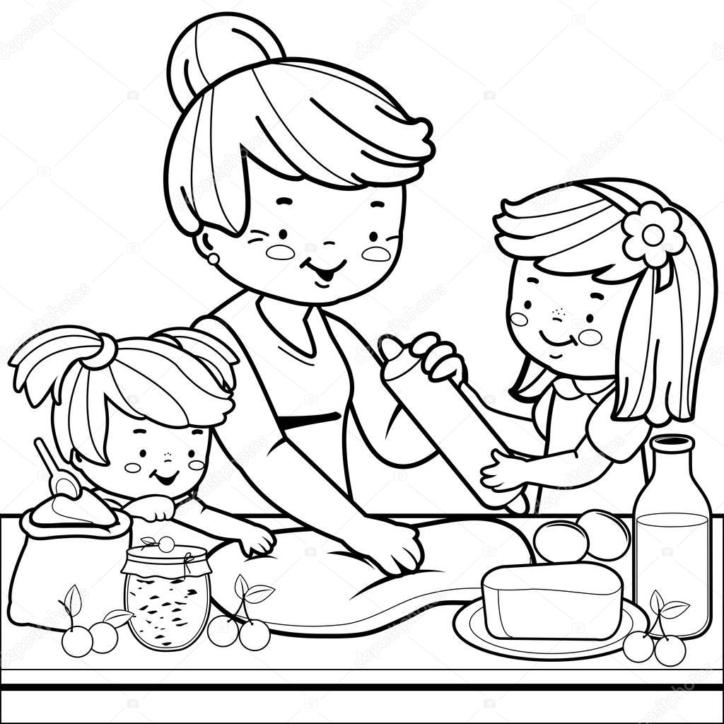 Grandmother and children cooking in the kitchen. Coloring book page
