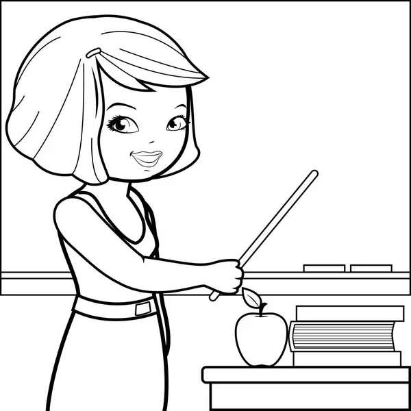 Profesora enseñando en clase. Libro para colorear en blanco y negro — Vector de stock