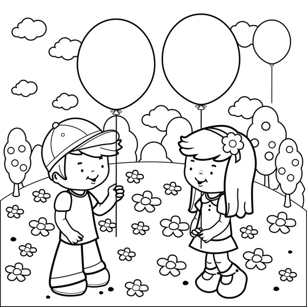 Bambini al parco che giocano con i palloncini. Libro da colorare in bianco e nero pagina — Vettoriale Stock