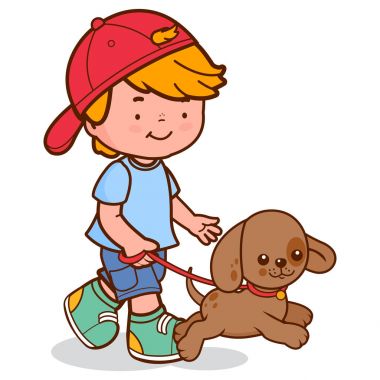 Çocuk köpeği gezdiriyor.