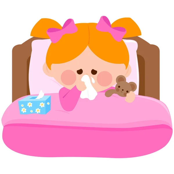 Chica enferma en la cama — Vector de stock