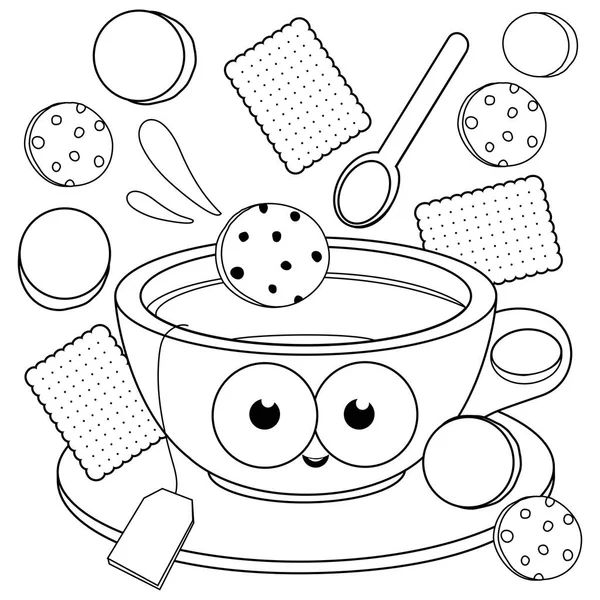 Φλιτζάνι τσάι και μπισκότα. Χρωματισμός σελίδα του βιβλίου — Διανυσματικό Αρχείο