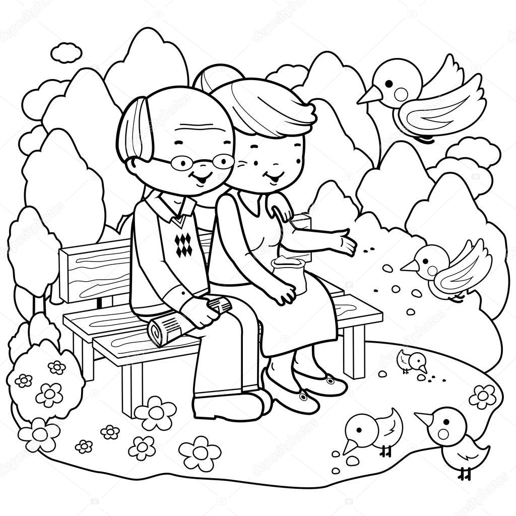 Senior couple at the park. Coloring book page