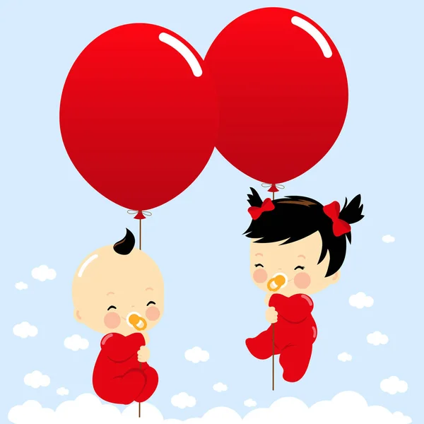 Asiático gemelos bebés celebración globos — Vector de stock