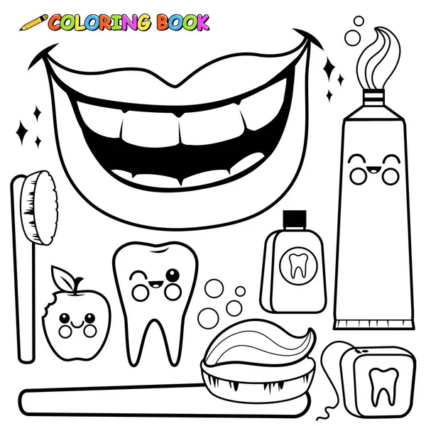 Conjunto de vetor de higiene dentária. Página para colorir preto e branco —  Vetores de Stock