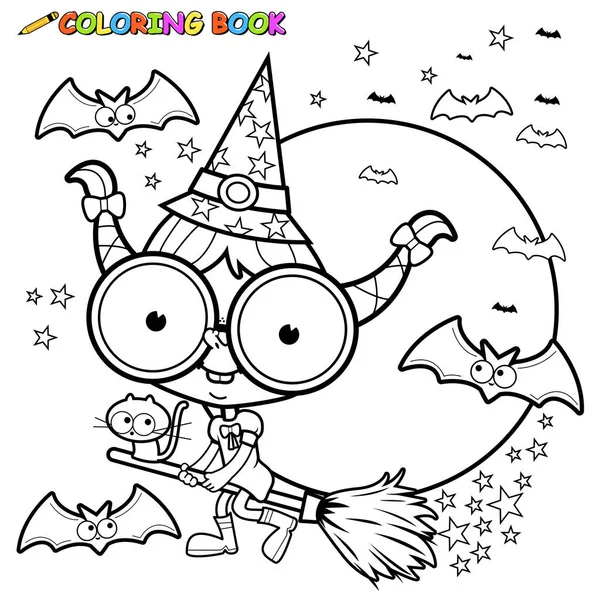 Halloween witch flying with broom. Black and white coloring page — Stock Vector