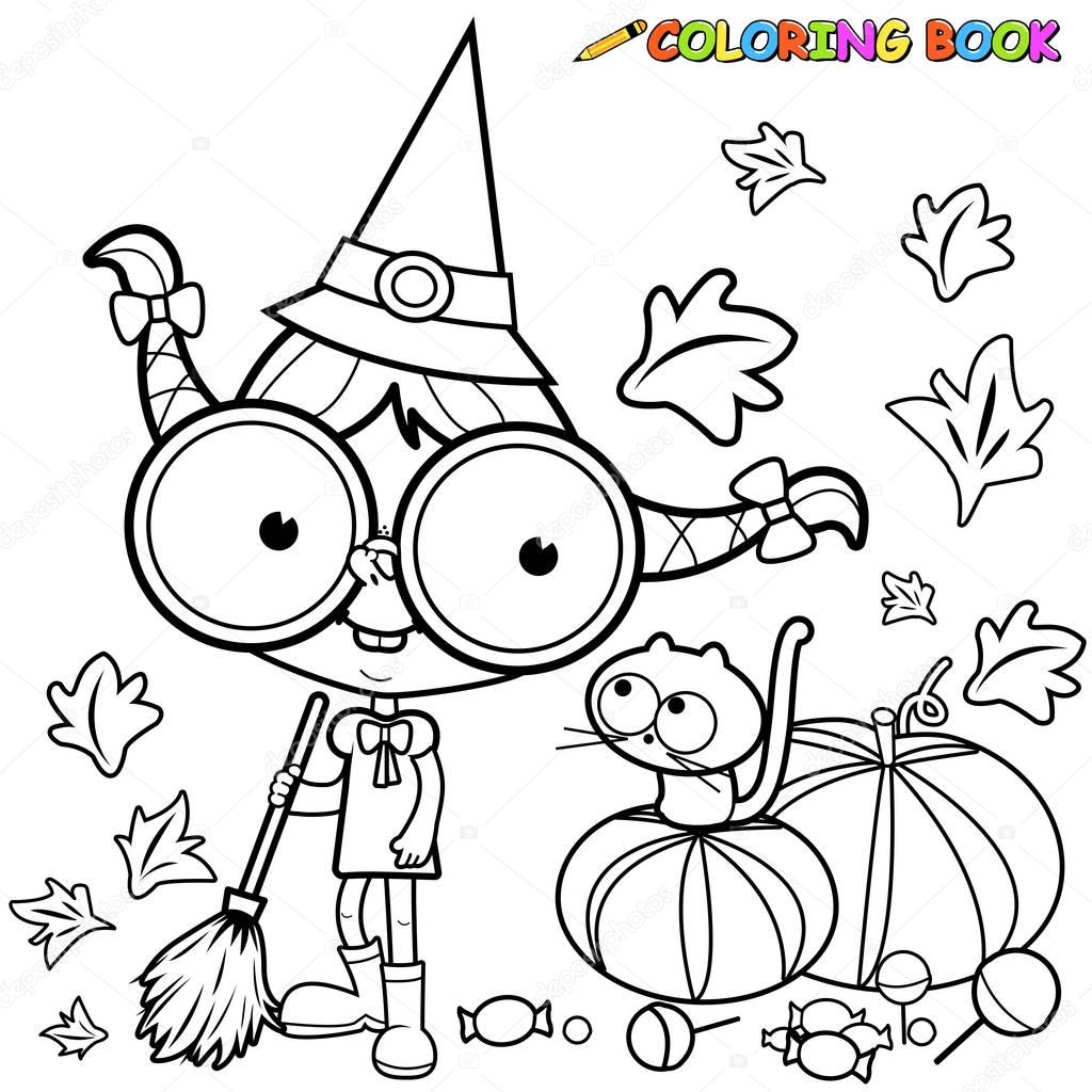 Halloween witch sweeping pumpkin leaves. Black and white coloring page 