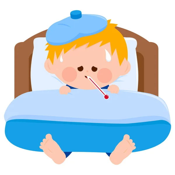 Sick boy in bed — Stock Vector