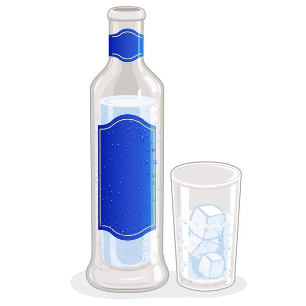 En flaska och glas fyllda med ouzo och isbitar — Stock vektor