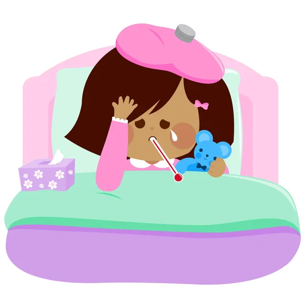 Sick little girl in bed — Stock Vector