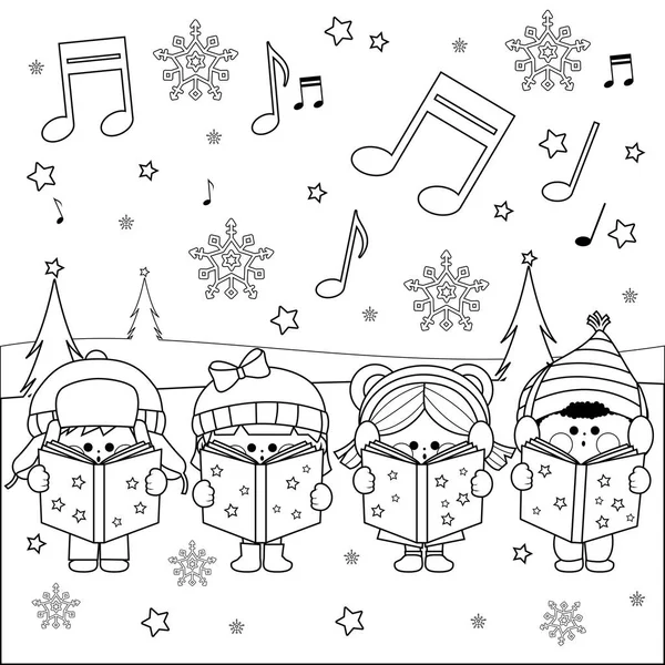 Gruppo di bambini che cantano canti natalizi — Vettoriale Stock