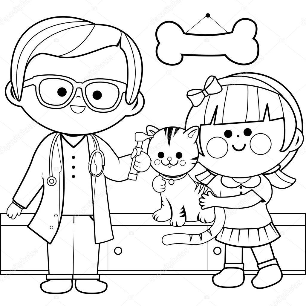 Veterinarian examining a cat. Coloring book page