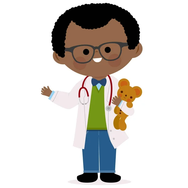 Erkek çocuk doktoru doktor bir oyuncak ayı holding. — Stok Vektör