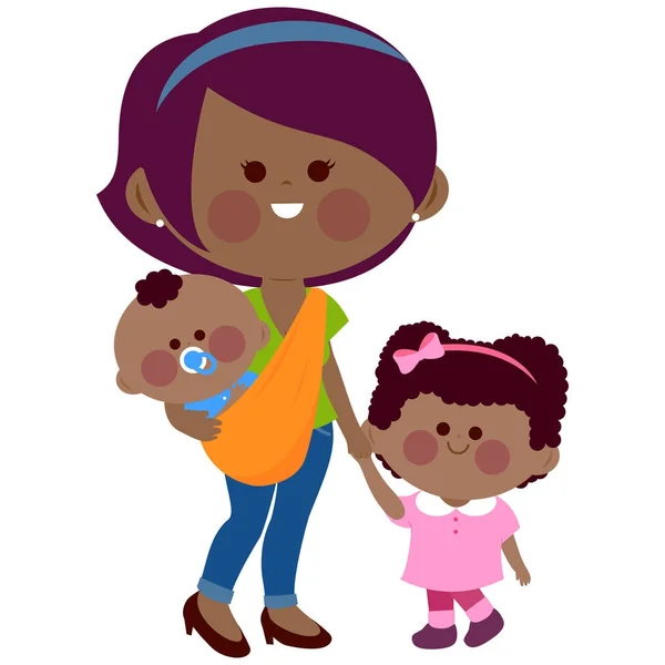 Mother holding her daughters hand and carrying her baby in a sling. — Stock Vector