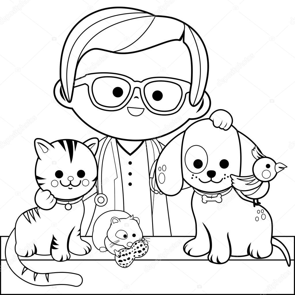 Veterinarian and pets. Coloring book page — Stock Vector © stockakia