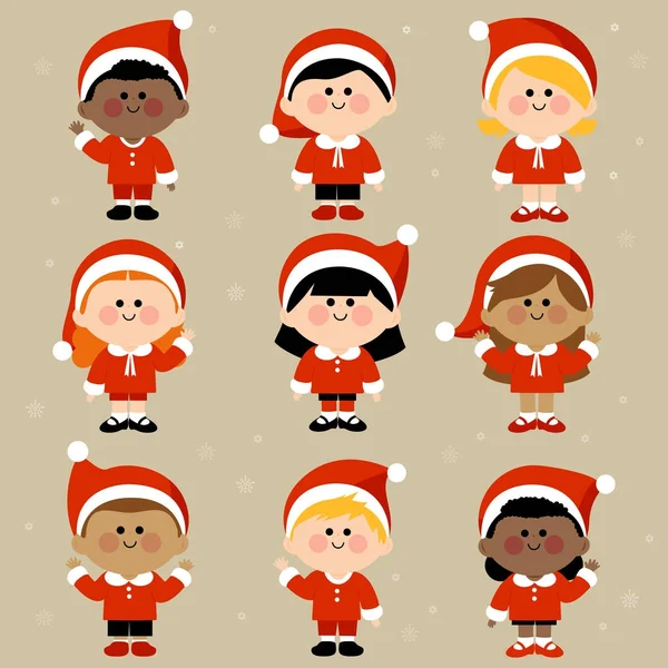 Diverse group of children dressed in Christmas Santa Claus costumes — Stock Vector