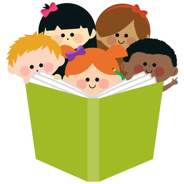 Group of kids reading a book — Stock Vector