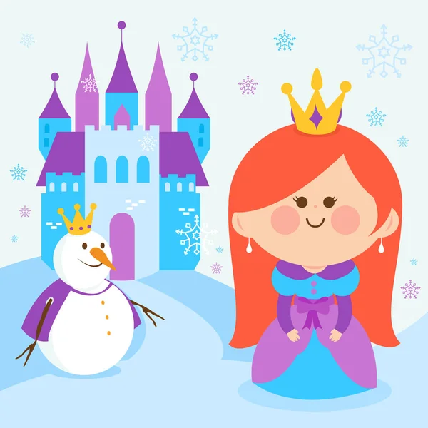 Linda princesa en un paisaje nevado con un castillo y un muñeco de nieve . — Vector de stock