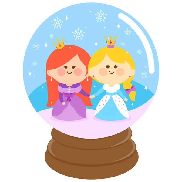 Hermosas princesas en un globo de nieve — Vector de stock