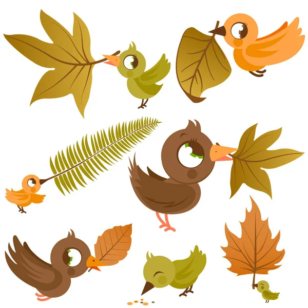 Niedliche Vögel mit trockenen Herbstblättern — Stockvektor