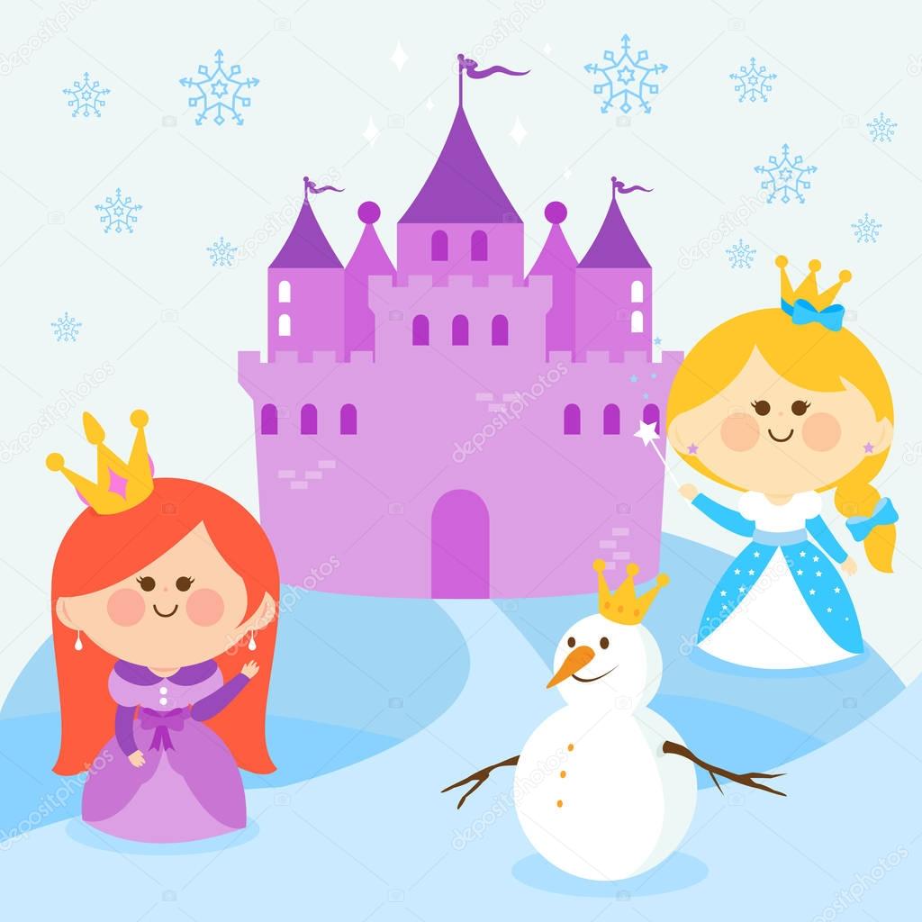 Beautiful princesses in a snowy landscape with a castle and a snowman.