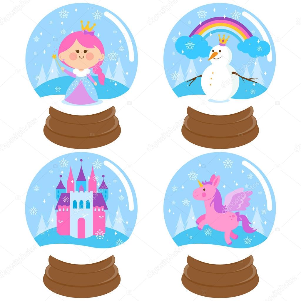Fairy tale snow globe vector set